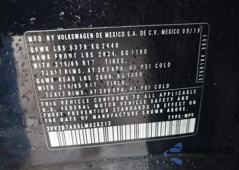 2020 Volkswagen Tiguan 2.0T Se/2.0T Se R-Line Black/2.0T Sel z USA, uszkodzony, nr VIN 3VV2B7AX5LM025213